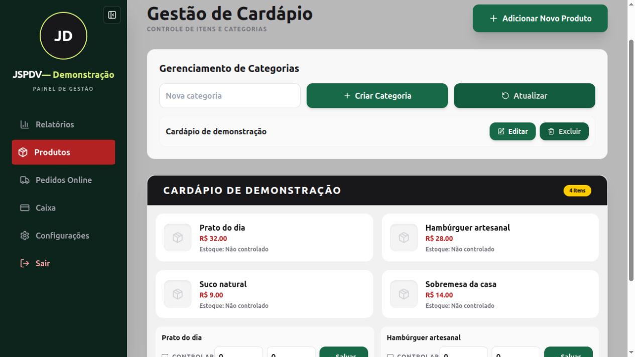 Captura real da gestão de cardápio com quatro produtos fictícios da demonstração JSPDV